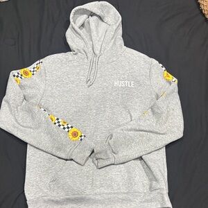 Hustler Hollywood Light Gray Hoodie with Sunflower and Checkered Details